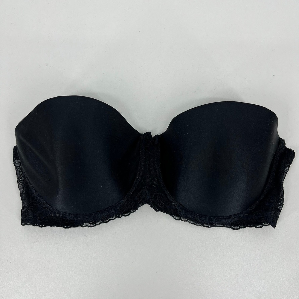 Avon Intimates Womens 36C Black Strapless Underwire Bra Lace Trim Floral Bow